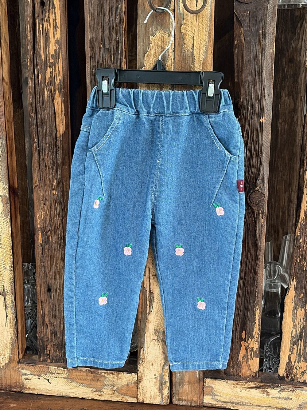 Kids Blue Denim Floral Embroidered Pull-On Pants